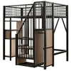 A loft bed with stairs and shelves, made of metal and wood-like material. Podgląd zdjęcia produktu