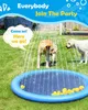 Two dogs playing in a sprinkler in a backyard with a blue splash pool filled with yellow rubber ducks. Produktbild-Vorschau