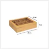 A wooden tea box with multiple compartments and a transparent lid, with dimensions indicated. Podgląd zdjęcia produktu