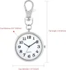 A close-up shot of a silver fob watch with a white face, attached to a silver carabiner clip. Dimensions are indicated with text overlays. Produktbild-Vorschau