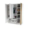 An open wardrobe with clothes and boxes inside, presented against a white background. Produktbild-Vorschau