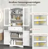A white bathroom cabinet with its doors open, displaying its interior shelves and storage compartments. Diagrams on the right illustrate adjustable shelf heights. Anteprima dell’immagine prodotto