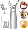 A collage of images showing a silver whipped cream dispenser and examples of its use in decorating desserts and drinks. Produktbild-Vorschau