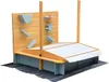 A wooden sandbox with a canopy and water play features, set up outdoors on a black ground cover. Produktbild-Vorschau