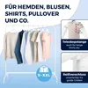 A clothing rack with various shirts and sweaters, along with diagrams illustrating product features. Produktbild-Vorschau