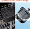 A split image showing an air fryer basket in a dishwasher on the left, and an air fryer basket being washed under running water on the right. Produktbild-Vorschau