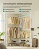 A corner of a room with a white adjustable clothing rack filled with clothes, shoes, and luggage. Produktbild-Vorschau
