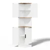 A white corner cabinet with wood accents, shown from the front with doors open. Podgląd zdjęcia produktu