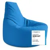 A blue beanbag chair with a review badge attached. Produktbild-Vorschau