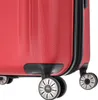A close-up view of the bottom section of a red trolley suitcase, showing its wheels and part of the zipper. Produktbild-Vorschau