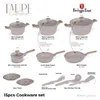 A collection of taupe cookware and kitchen tools displayed on a white background with labels and descriptions. Podgląd zdjęcia produktu