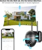 A marketing image showing a security camera and its features, with a smartphone displaying the camera feed. Produktbild-Vorschau