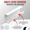 A white cable management tray is shown on a light gray background, with red arrows and text highlighting its features. Produktbild-Vorschau