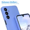 A close-up shot of a blue smartphone case, showing the camera cutout and the edge of the phone screen. Text overlays provide marketing information. Produktbild-Vorschau
