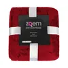 A folded red fleece blanket with a black product tag. Produktbild-Vorschau