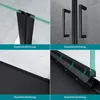 A collage of four close-up images showing details of a black shower door, including seals, handles, and a hinge mechanism. Produktbild-Vorschau