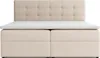 A beige upholstered boxspring bed with a headboard and mattress is shown from the front. Voir les images du produit