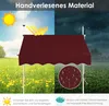A split image showing a burgundy awning under a sunny sky on the left and under heavy rain on the right. A close-up of the awning fabric with water droplets is shown in a circle on the right side. Text describes its protective qualities. Náhled obrázku produktu