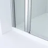 Close-up view of the bottom corner of a shower enclosure, showing the glass door, metal frame, and shower tray. Produktbild-Vorschau