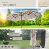 A collage of images showing a large beige outdoor umbrella in a park setting, close-ups of its features, and a protective cover. Náhled obrázku produktu