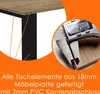 A close-up of a table edge and a caliper measuring the thickness of the material, with text describing the product's features. Náhled obrázku produktu