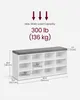Product dimensions and load capacity information for a shoe storage bench. Produktbild-Vorschau