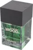 Schräg fotografierter Flakon des He Wood Cologne mit kräftigem Holzverschluss und grüner Duftflüssigkeit. Produktbild-Vorschau