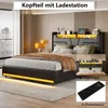 A modern bedroom with a bed featuring a headboard with integrated lighting and storage, and a separate image showing a charging station. Náhľad obrázku produktu