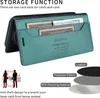 A teal flip wallet phone case is shown open, displaying card slots and cash. There are also diagrams illustrating material layers and anti-theft features. Produktbild-Vorschau