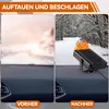 A split image showing a car's dashboard before and after using a car heater. The left side shows a frosty windshield, and the right side shows a clear windshield with a car heater emitting flames. Produktbild-Vorschau