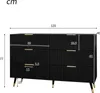 A diagram showing the dimensions of a black dresser with gold accents. Podgląd zdjęcia produktu