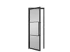 A modern, industrial-style door with a black steel frame and clear glass panels, shown partially open. Produktbild-Vorschau