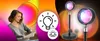 A collage of images showing a woman reading with headphones, icons representing light and sunset, and two sunset projection lamps. Podgląd zdjęcia produktu
