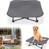 A collage of images showing a gray elevated pet bed, a corgi on a similar bed outdoors, and a golden retriever on a similar bed. Produktbild-Vorschau