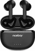 A pair of black wireless earbuds in their charging case.