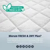 A close-up of a quilted mattress surface with a marketing graphic overlay. Produktbild-Vorschau