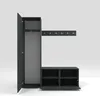 A dark gray entryway furniture set with a tall cabinet, a coat rack, and a shoe bench with storage compartments. Produktbild-Vorschau