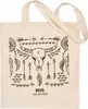 A beige canvas tote bag with a black bohemian-style print featuring a bull skull, arrows, and feathers. Náhled obrázku produktu