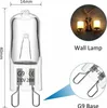 A G9 halogen light bulb with dimensions and a close-up of its base, along with an image of a wall lamp. Produktbild-Vorschau