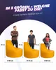 Three people of different ages are shown standing next to three different-sized yellow beanbag chairs, with measurements indicated for each. Produktbild-Vorschau