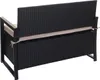 Rear view of a black poly-rattan bench with a beige cushion. Voir les images du produit