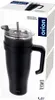 The image shows a black thermos mug with a handle and straw, presented in its retail packaging. Náhled obrázku produktu