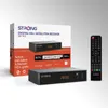 A product shot of a Strong digital HD+ satellite receiver and its remote control, with the product packaging in the background. Produktbild-Vorschau