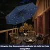 A dark blue patio umbrella with LED lights is set up on a wooden deck at night, with chairs and a small table around it. Podgląd zdjęcia produktu