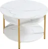 A round, three-tiered coffee table with a marble-look top and gold metal legs, shown against a white background. Produktbild-Vorschau