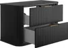 A black bathroom vanity cabinet with two drawers, one partially open, against a white background. Produktbild-Vorschau