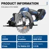 A cordless circular saw is shown with product specifications presented in text boxes below. Produktbild-Vorschau