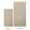 Two beige towels of different sizes are shown side-by-side against a white background. The smaller towel on the left has '4x' printed on it, and the larger towel on the right has '2x' printed on it. Below the towels, their dimensions are listed: '50 x 100  Voir les images du produit