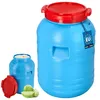 Two blue plastic barrels with red lids are shown against a white background. The larger barrel is in the foreground and the smaller one is in the background. Cabbage pieces and a detached lid are also visible. Náhľad obrázku produktu