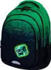A green and black pixelated backpack with a glowing green cube character wearing sunglasses on the front.